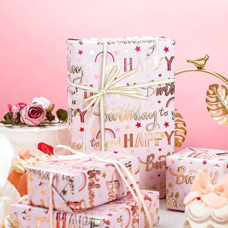 MAYPLUSS Pink Foil Happy Birthday Wrapping Paper Roll, Chic Metallic Rainbow and Star Gift Wrap for Girl Baby Shower Party(17 Inch x 33 Feet) - Image 4